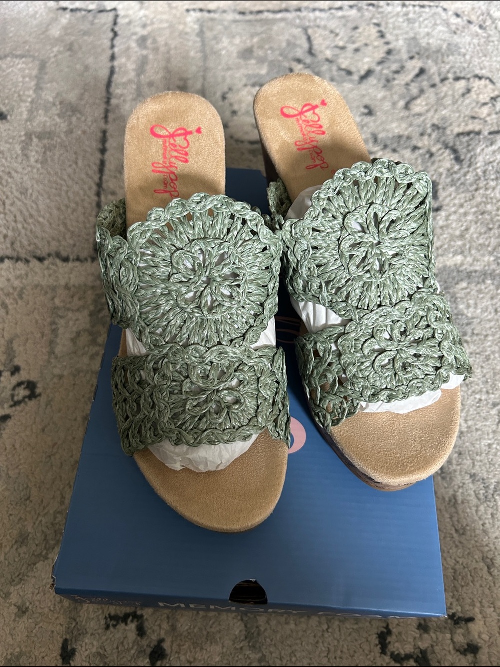 Jellypop Pistachio Crochet Double-Band Slide Wedge Sandals